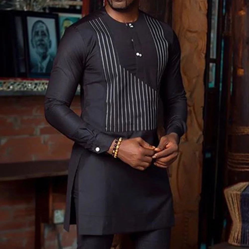 Black Casual Striped Ethnic Style Men's Long Sleeve Shirt
