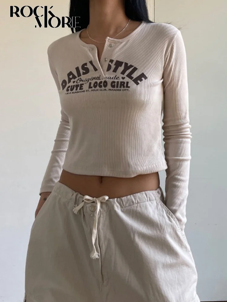 

Rockmore Y2K уличная ТРИКОТАЖНЫЙ УКОРОЧЕННЫЙ ТОП, осенняя женская футболка с принтом на пуговицах, Повседневная Базовая футболка с длинными рука...