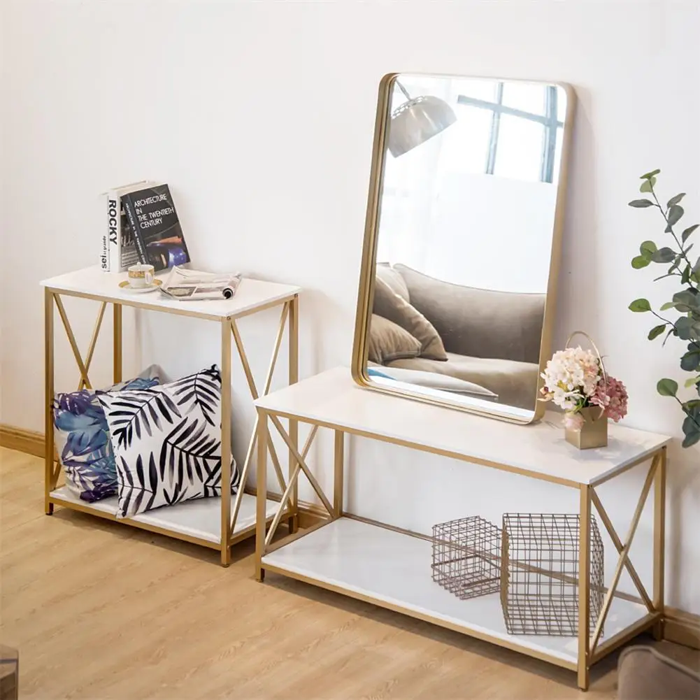

2-tier Console Table Multi-purpose Space Saving Entry Table With Gold Metal Frame White Panel Top