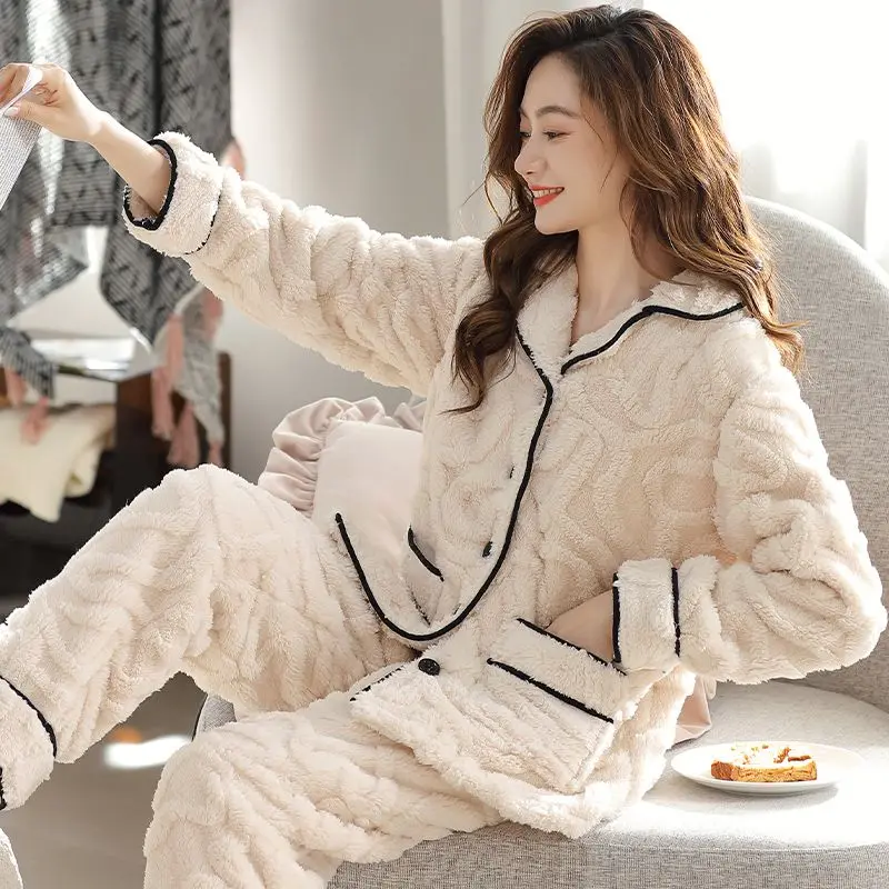 pajamas for women winter thicken warm long sleeve woman two pieces sets sleepwear clothing female clothes flannel nightwears