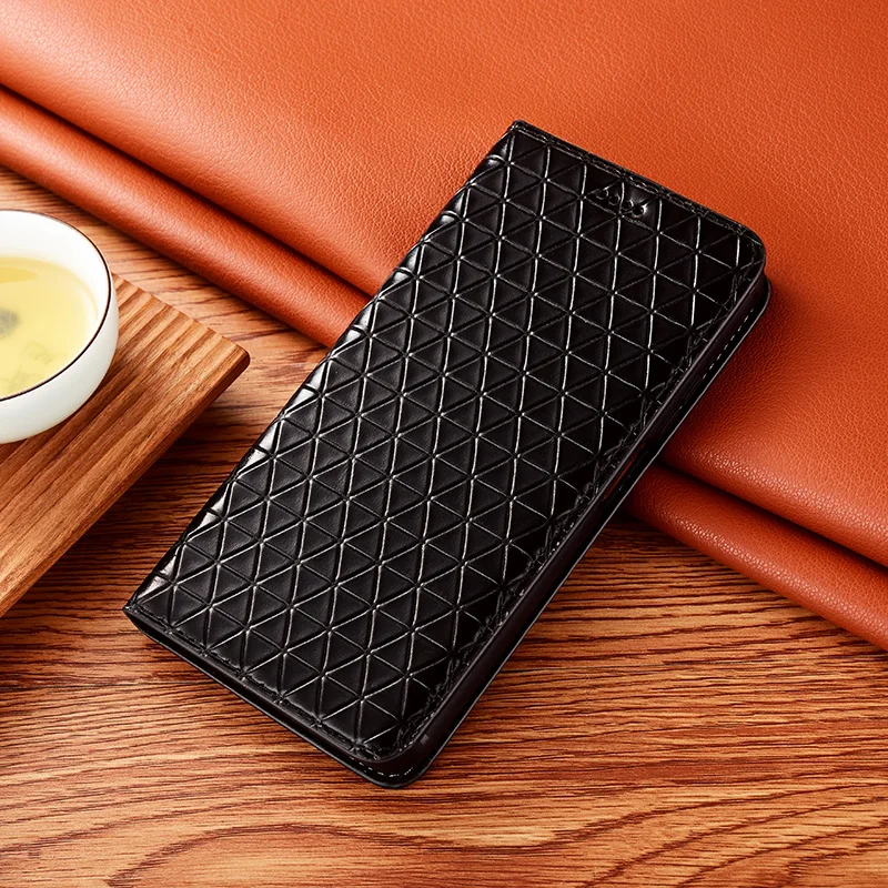 

Grid Pattern Genuine Leather Magnetic Flip Phone Case For OPPO A31 A32 A33 A35 A36 2020 A72 A73 A74 A76 A77 4G 5G Wallet Cover