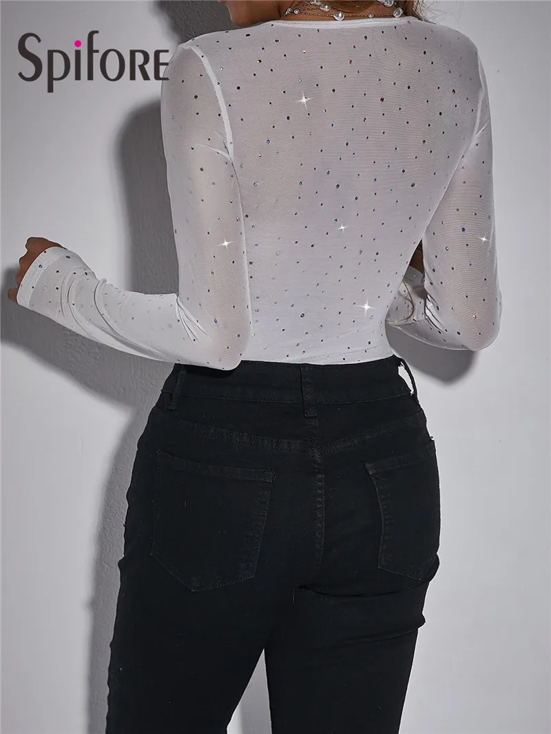 Боди женское прозрачное Сетчатое с длинным рукавом и блестками