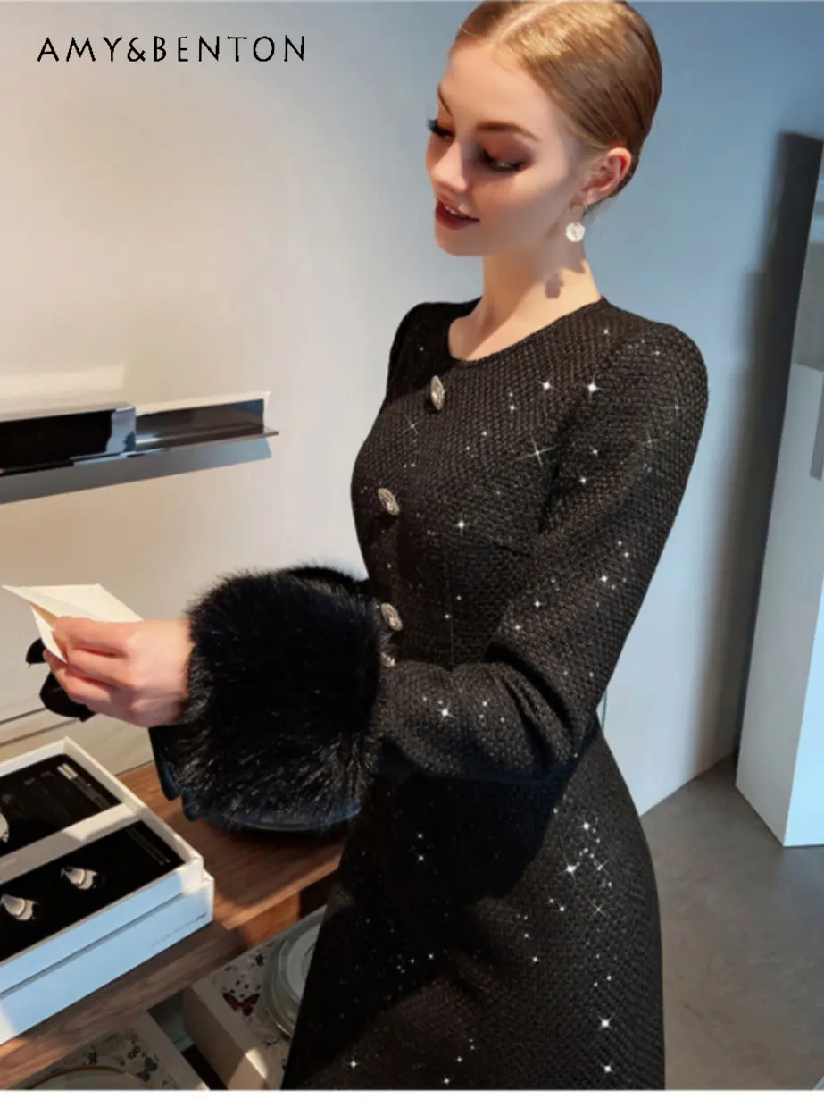 

Sequins Spring Autumn Women's Fashion Slimming Long Sleeve Mid-length Dress Elegant Belt Waist-Tight Detachable Furry Cuff Dress