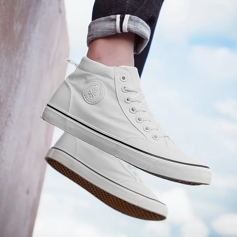 

Men Casual Shoes High Top Sneakers Black White Flat Shoes Spring Autumn Lace-Up Canvas Skateboard Shoes 03B