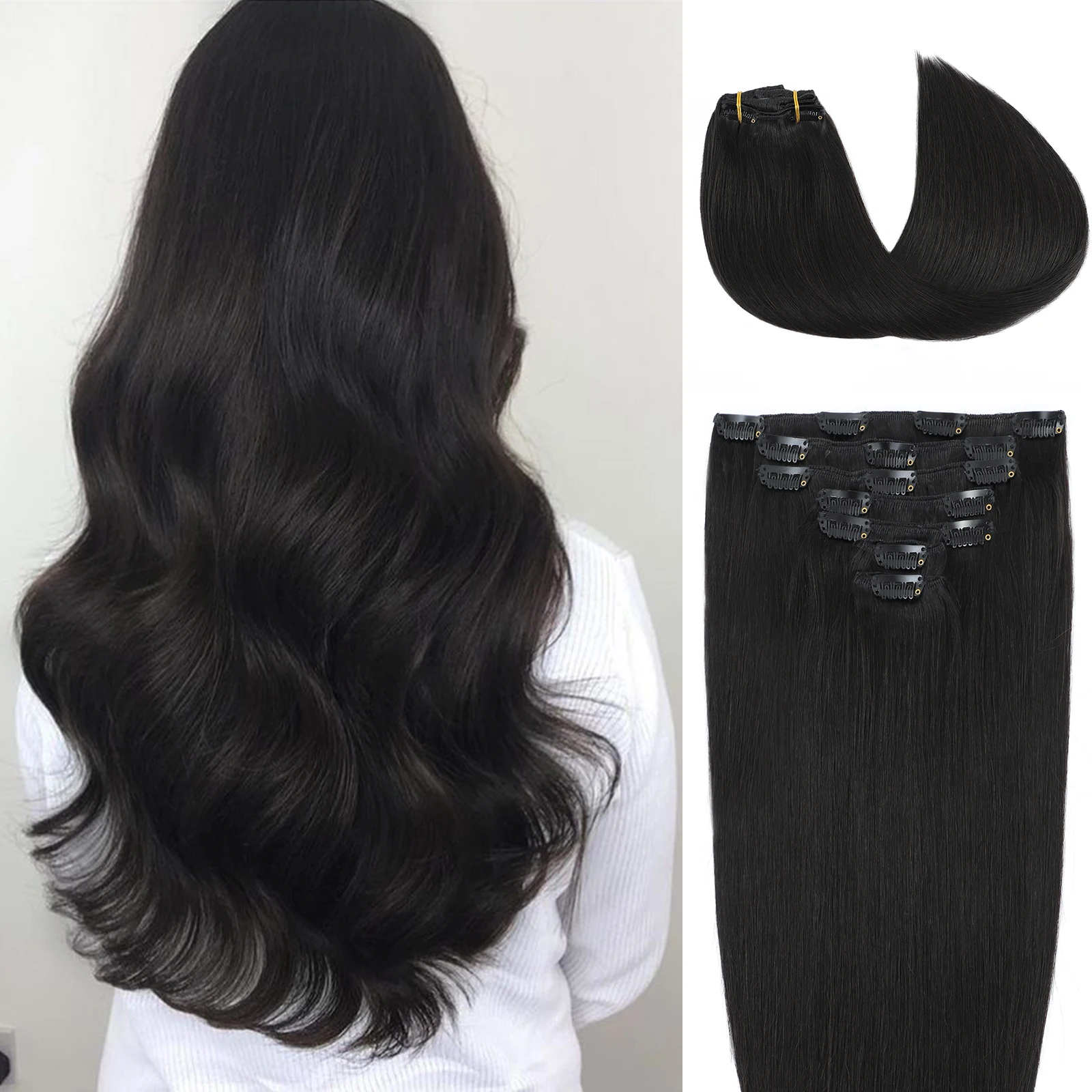 Clip in Hair Extensions Real Human Hair Jet Black Human Hair Extensions Clip In 7pcs 120g Straight Real Hair Extensions