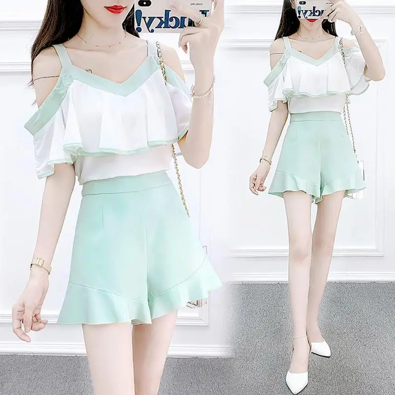 

2022 Summer Women's New 2 Piece Sets Female Off-the-shoulder Chiffon Clothes Shirts and Loose Wide-leg Shorts Ladies Suits Y58