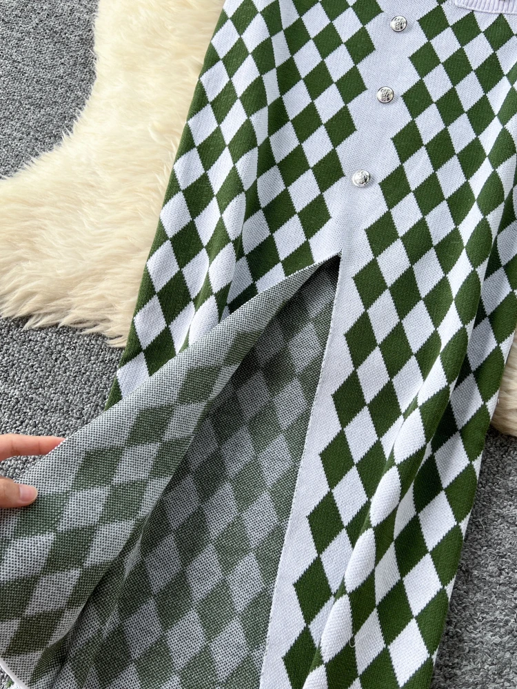 Foamlina женское элегантное клетчатое вязаное длинное платье винтажное облегающее