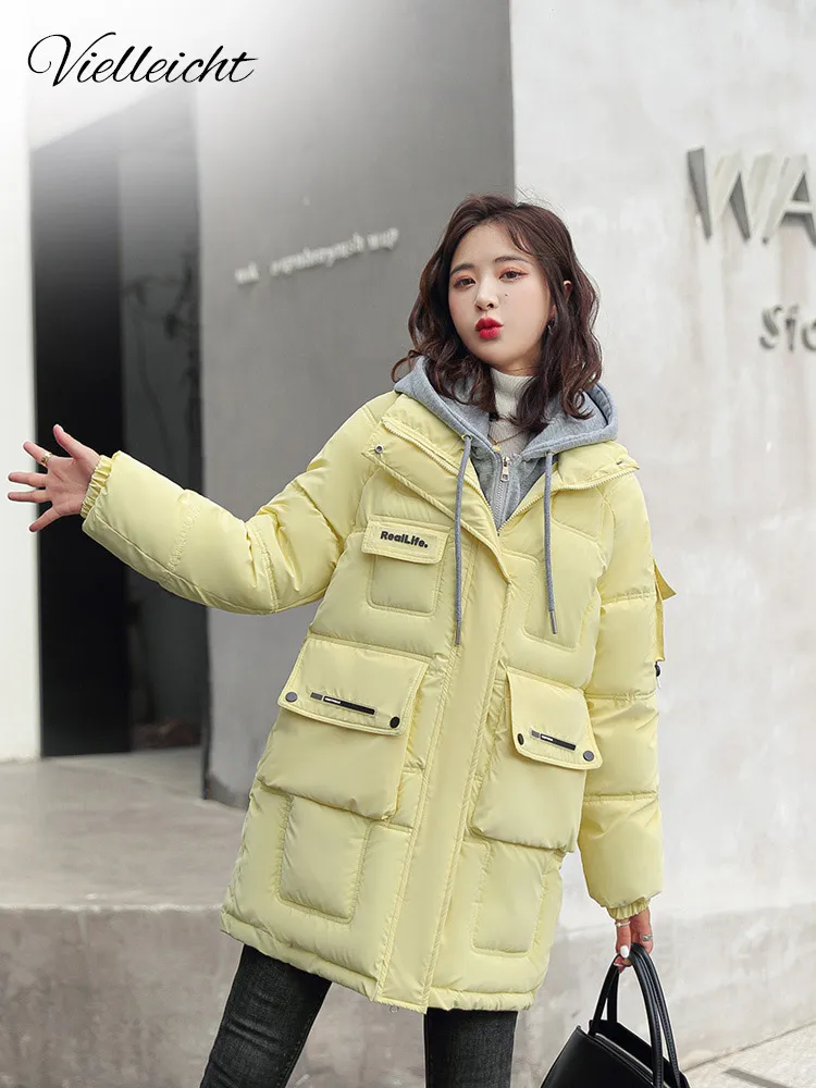 

Vielleicht 2022 New Women's Winter Jacket Hooded Long Spliced Thick Warm Cotton Padded Jackets Parkas Woman Winter Coat Outwear