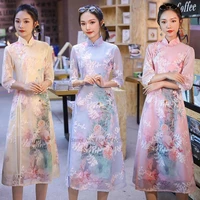 2022 ao dai chiffon aodai women vietnam embroidery flower cheongsam vintage mandarin collar elegant vietnam traditional dress