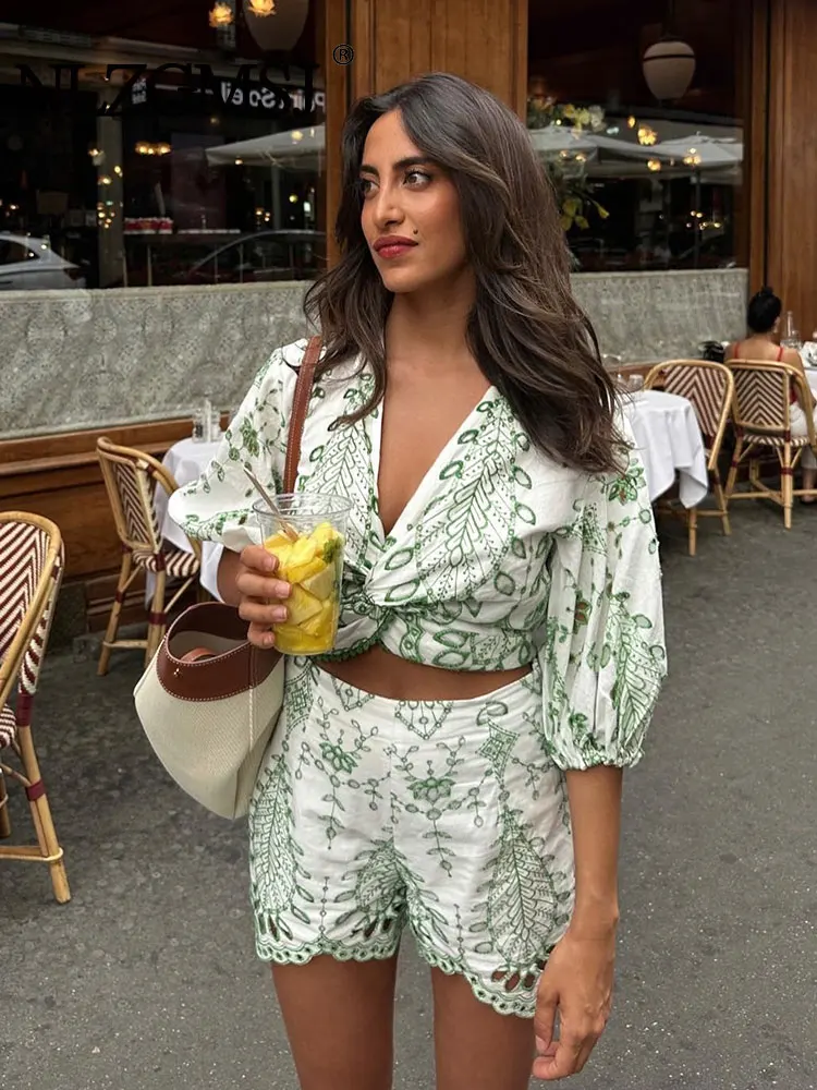 

Nlzgmsj TRAF 2023 Woman 2 Pieces Sets Hollow Out Embroidery Short Blouse Tops + High Waist Shorts Summer Causal Slim Sets
