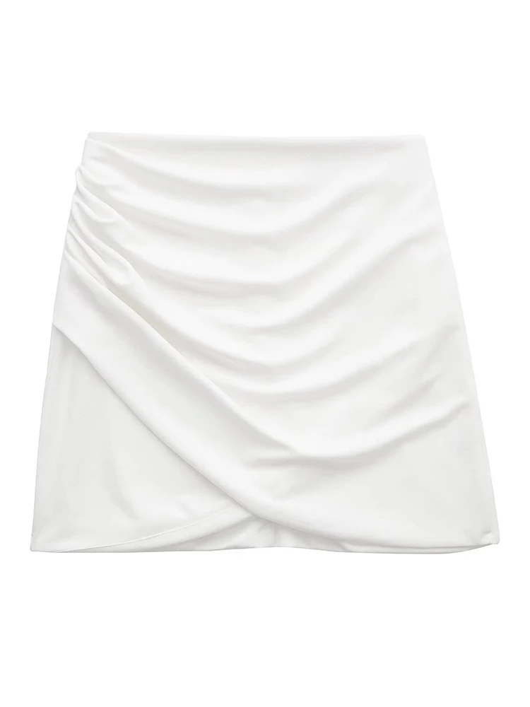 

YENKYE Women Fashion White Draped Mini Skirt Vintage High Waist Back Zipper Female Sexy Skirts Mujer