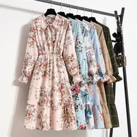 2022 spring and autumn new pattern floral plaid dress bow collar elastic waist long sleeve A-line skirt 2A002