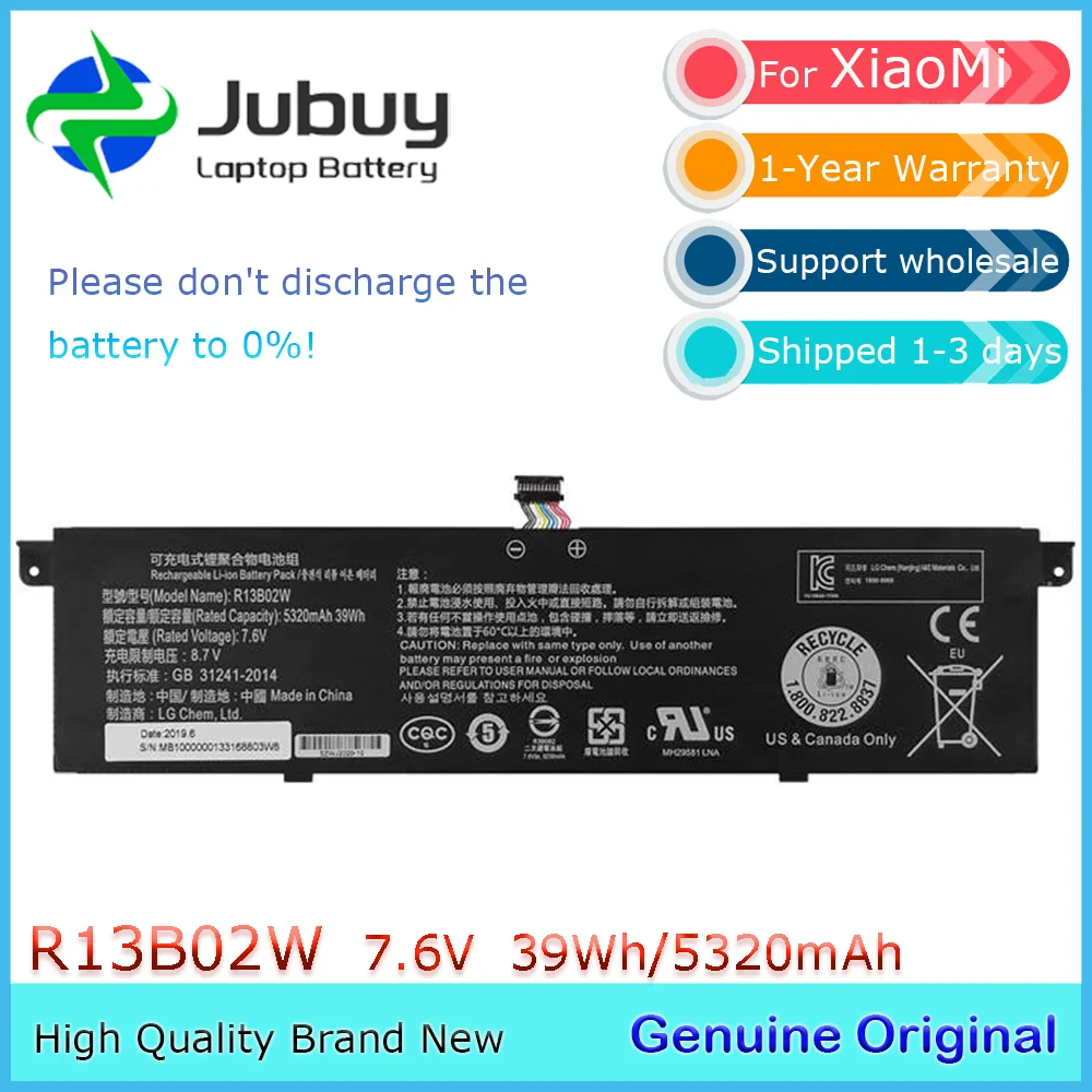 R13B02W 7 6 В 39 Втч Оригинальный аккумулятор для ноутбука Xiaomi Mi Air 13 3 дюйма 2018 г. 161301 -01