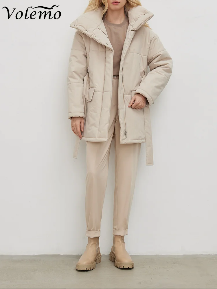 Volemo 2022 Quilted Jacket Women Winter Loose Parkas Coat Vintage Belted Outwear Office Ladies Warm Cotton Puffer Jackets Tops