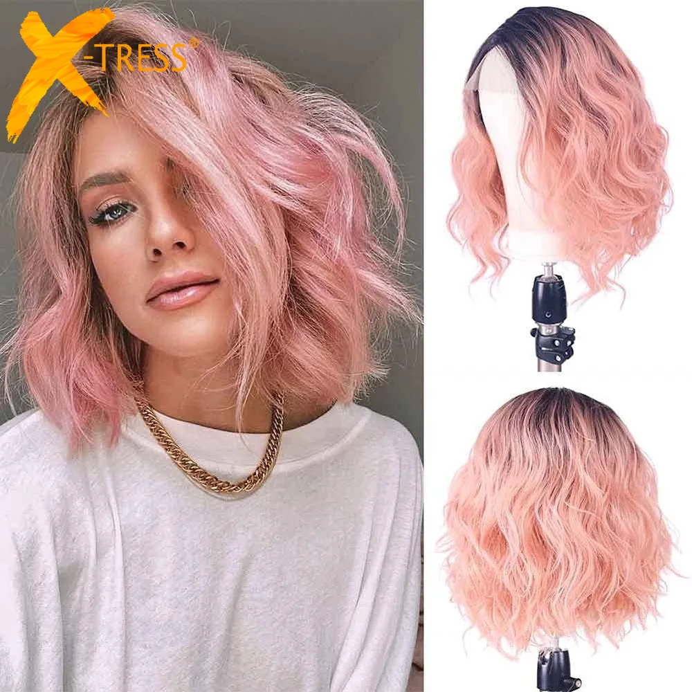 X-TRESS Synthetic Lace Front Wig Ombre Pink Colored L part Lace Wigs For Women Heat Resistant Fiber Side Part Short Bob Hair Wig
