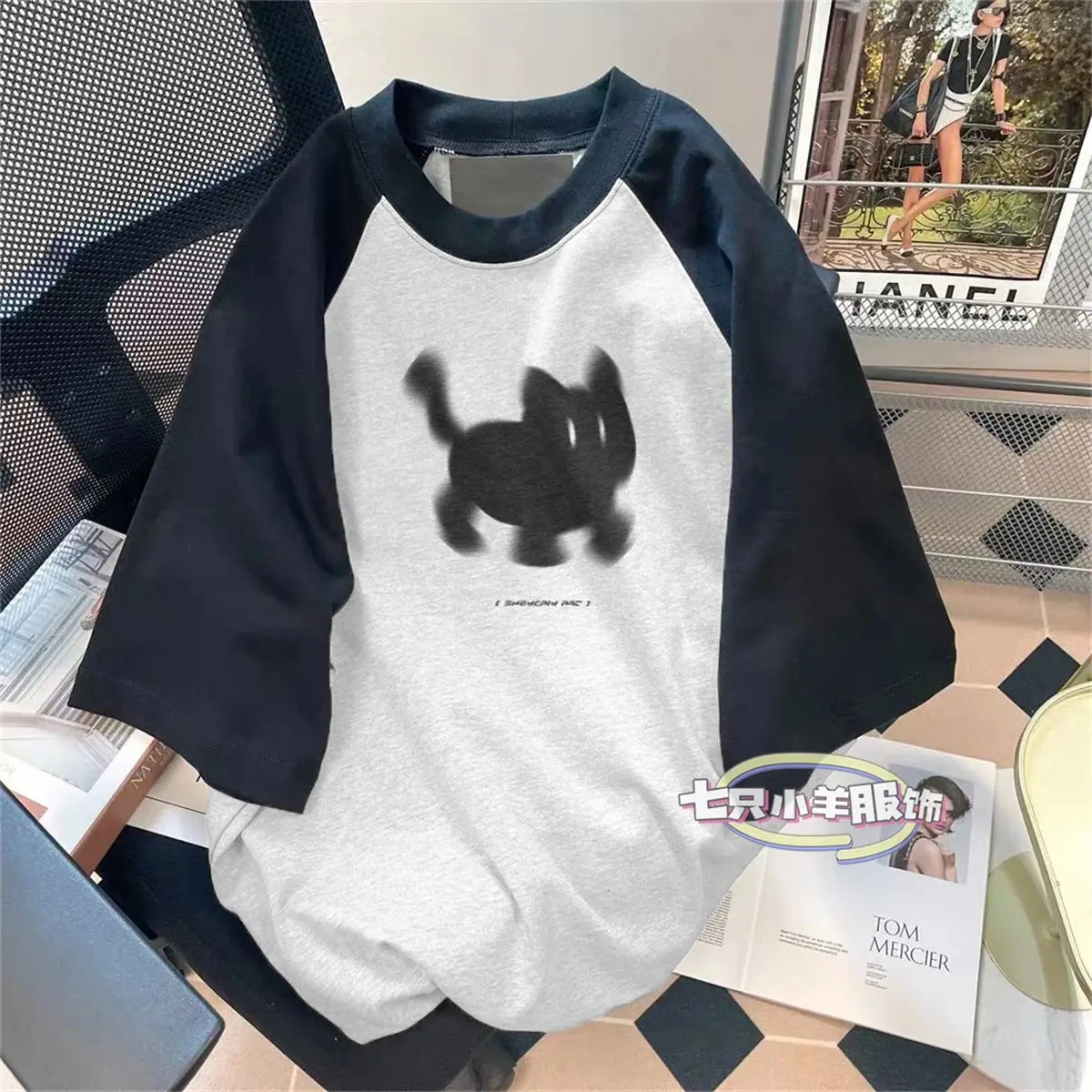 American style raglan sleeves contrasting color T-shirts for women and men simple cat loose sweet cool ins couple short sleeves