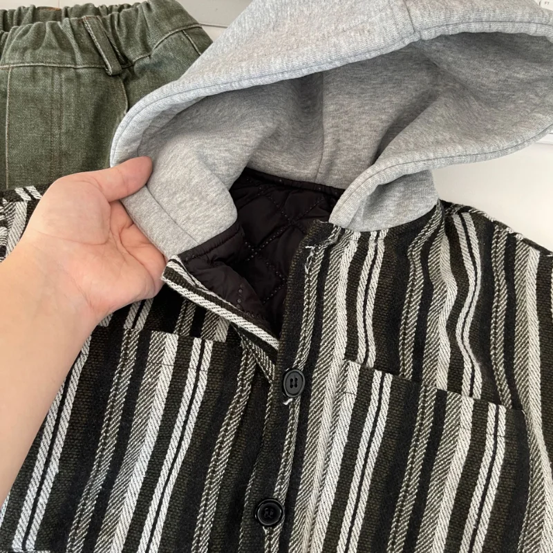 Korean Winter Boys cotton-padded Hooded Coats Kids Thick Warm Vertical stripe Outerwear