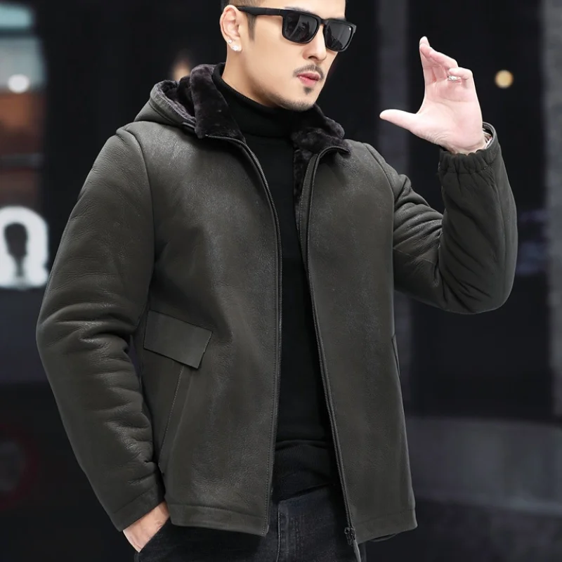 

Куртка мужская зимняя из овечьей шерсти, с капюшоном, 2023