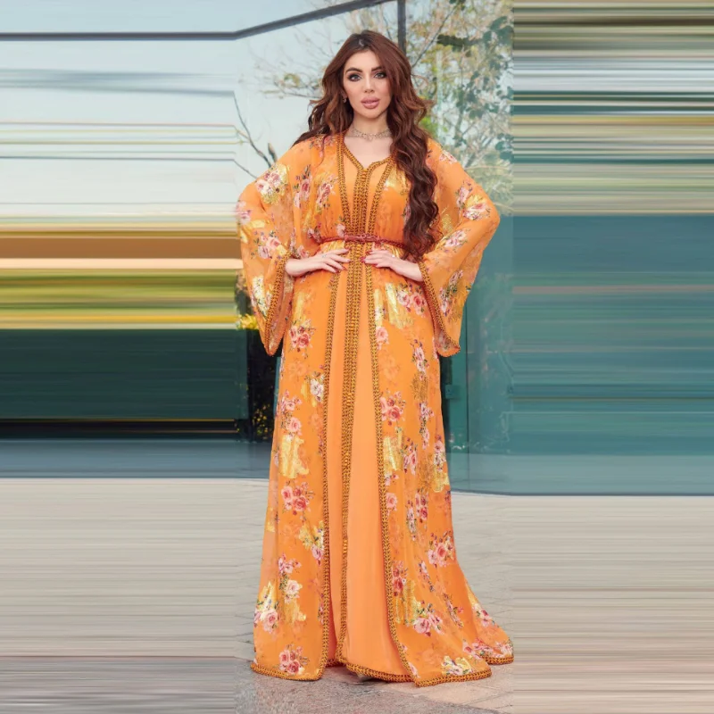 2023 Summer Elegant Muslim Women Long Sleeve V-neck Polyester Orange 2 Pieces Set Long Abaya with Inner Muslim Fashion Dresses