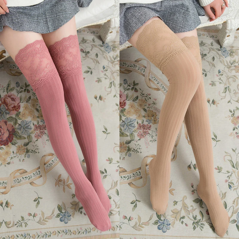 

Сексуальные кружевные носки выше колена, женские чулки до бедра, однотонные женские толстые теплые длинные носки, женские хлопковые носки с отделкой