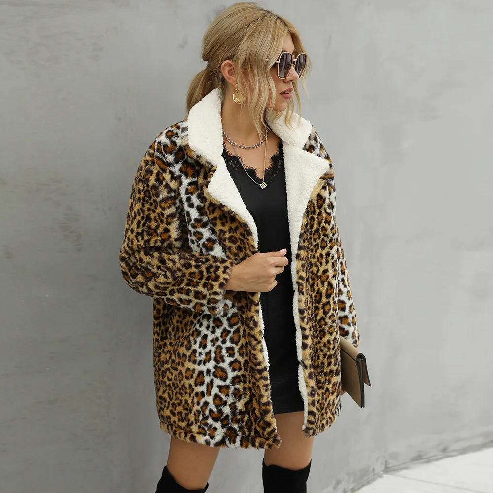Women's Leather Fur Coat Leopard Print Stud for Autumn and Winter Plush Faux Fur Coat Women's Faux Fur Coat