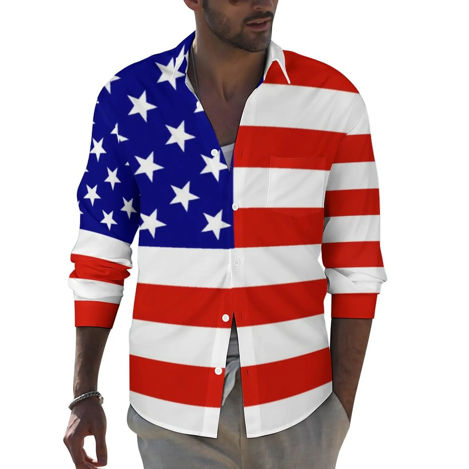 

USA Flag Print Harajuku Casual Shirt Men Blue Stars And Stripes Shirt Autumn Loose Blouses Long Sleeve Pattern Oversized Tops