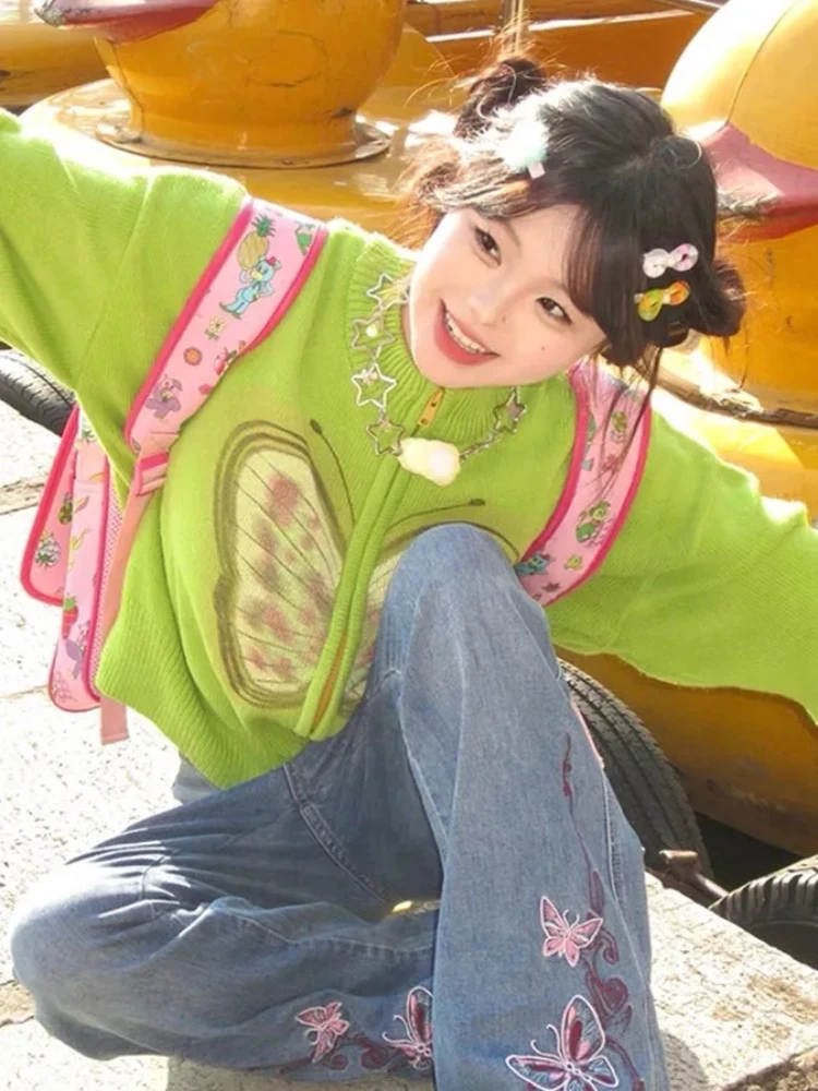 Y2k жаккардовый кардиган с бабочками на молнии Женский вязаный в Корейском стиле