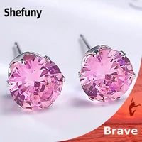 shefuny 925 sterling silver 6mm round stud earrings simple colorful zirconia earrings for women fine jewelry anniversary gift