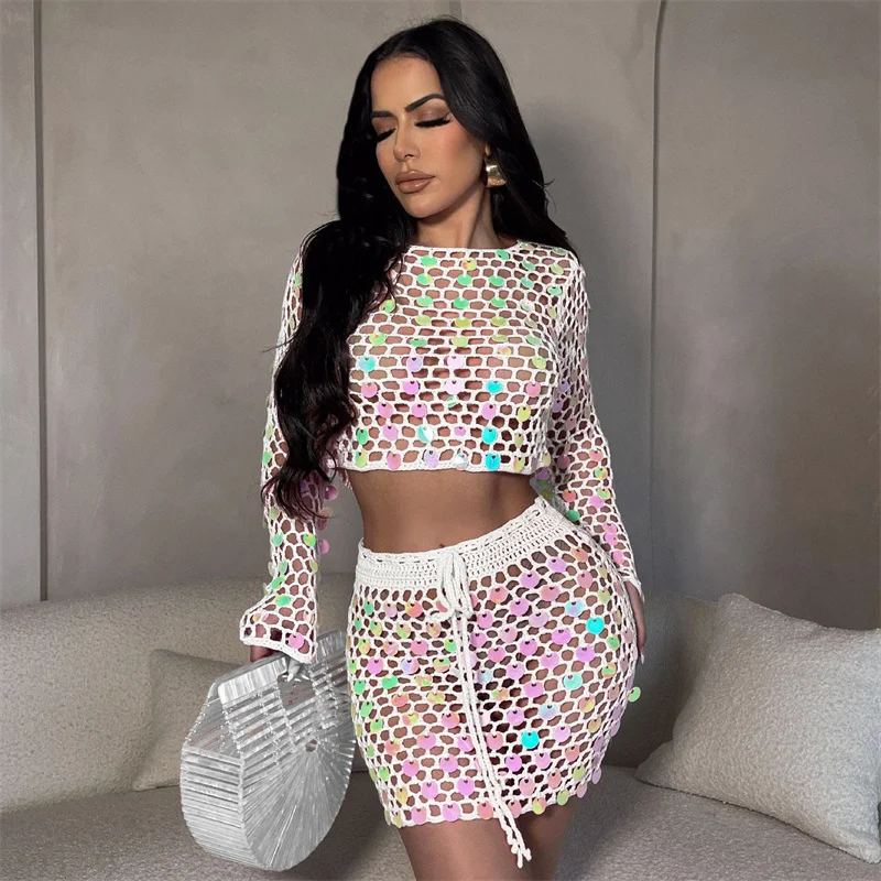 Женский купальник с длинным рукавом и блестками вязаная накидка на бикини