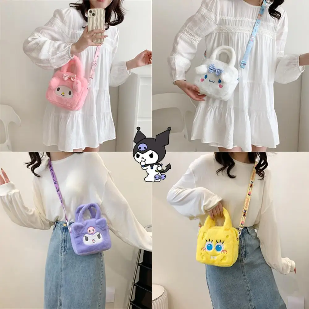 

New Kawaii Sanrio Cinnamoroll Kuromi Plush Bag Cartoon Melody Zippershoulder Bag Cute Giris Portable Crossbody Bag Birthday Gift