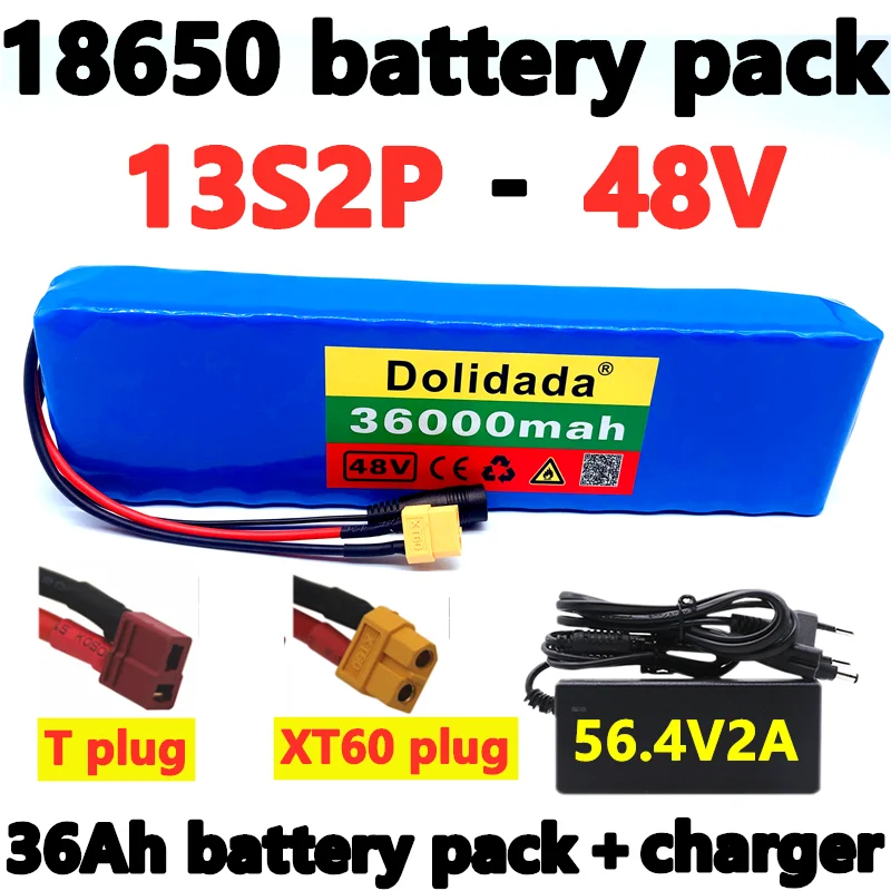 

Batterie lithium-ion pour vélo électrique, 48v, 36ah, 18650, pour moteur bafang 1000w, avec chargeur 54.6V 2a et prise XT60/T