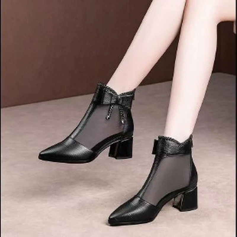 

Модель 2021 года, летняя обувь на высоком каблуке, сетчатая обувь, молния сзади, бант, заостренный носок, женская обувь, черная, Бесплатная Прям...