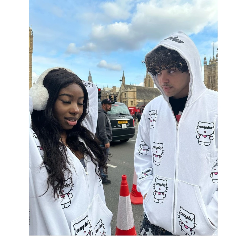 

Anime Cat Printed Y2K Zip Up Retro Couple Hoodies&Sweatshirt Oversized Harajuk Inner Fleece HighStreet Men's Women's Streetwear