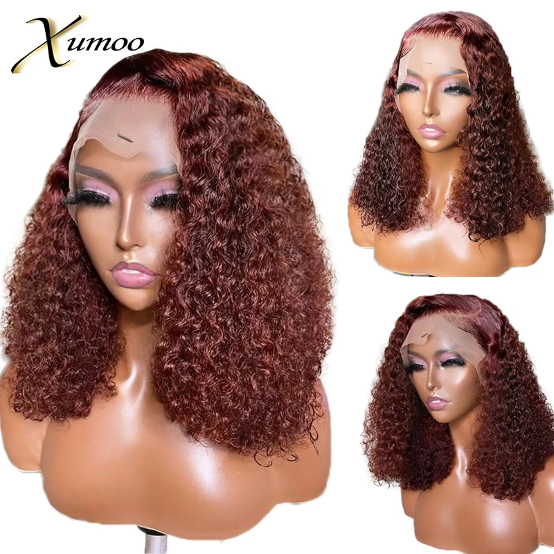 Jerry Curly 99J Burgundy Red Color 4x4 Closure Frotal 13x6 Gluess Lace Front Human Hair Wigs Prepluck Baby Hair Remy Black Women