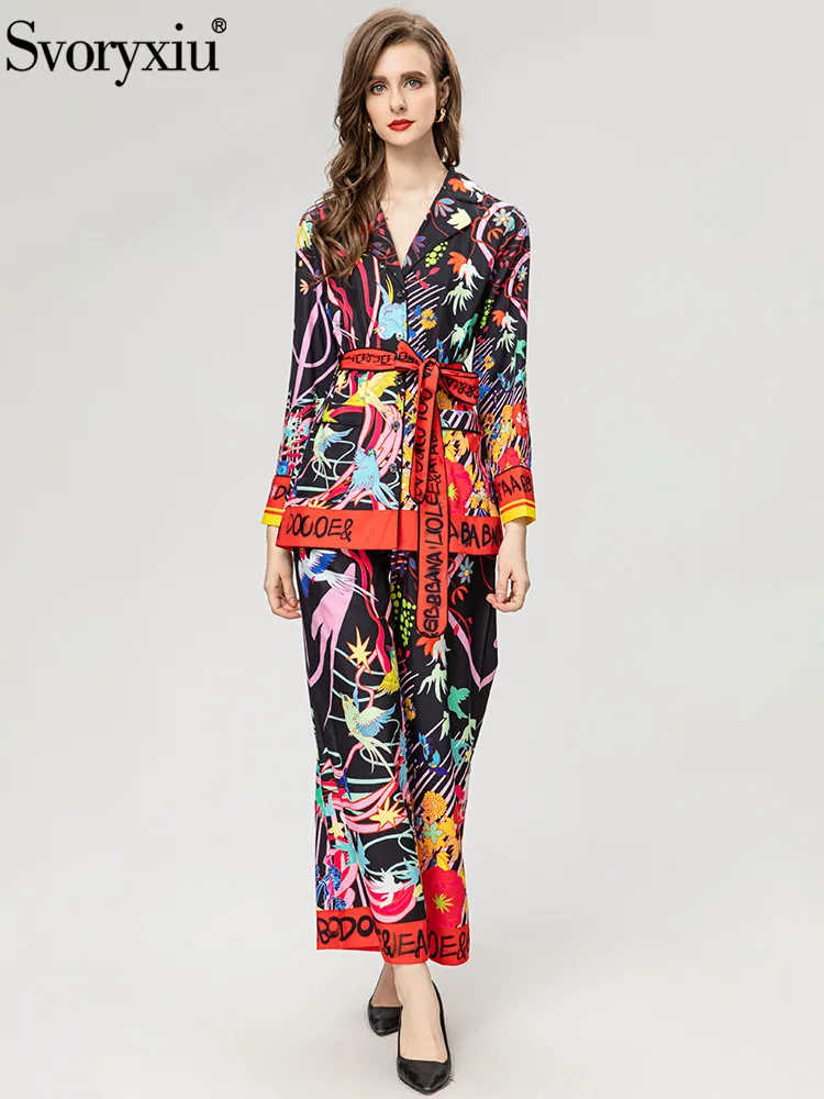 

Женский костюм с брюками Svoryxiu, разноцветный костюм с винтажным принтом, блейзер с длинными рукавами и широкие брюки со стандартной талией на осень 2019