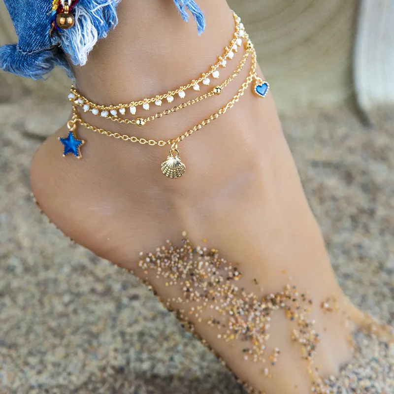 

Summer New Bohemian Anklet Female European and American Fashion Beach Dripping Oil Starfish Love Shell Multi-Layer Anklets