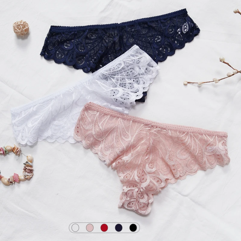 3pcs/set full lace sexy women's underwear with fun hollowed out feather patterns fashionable comfortable breathable briefs