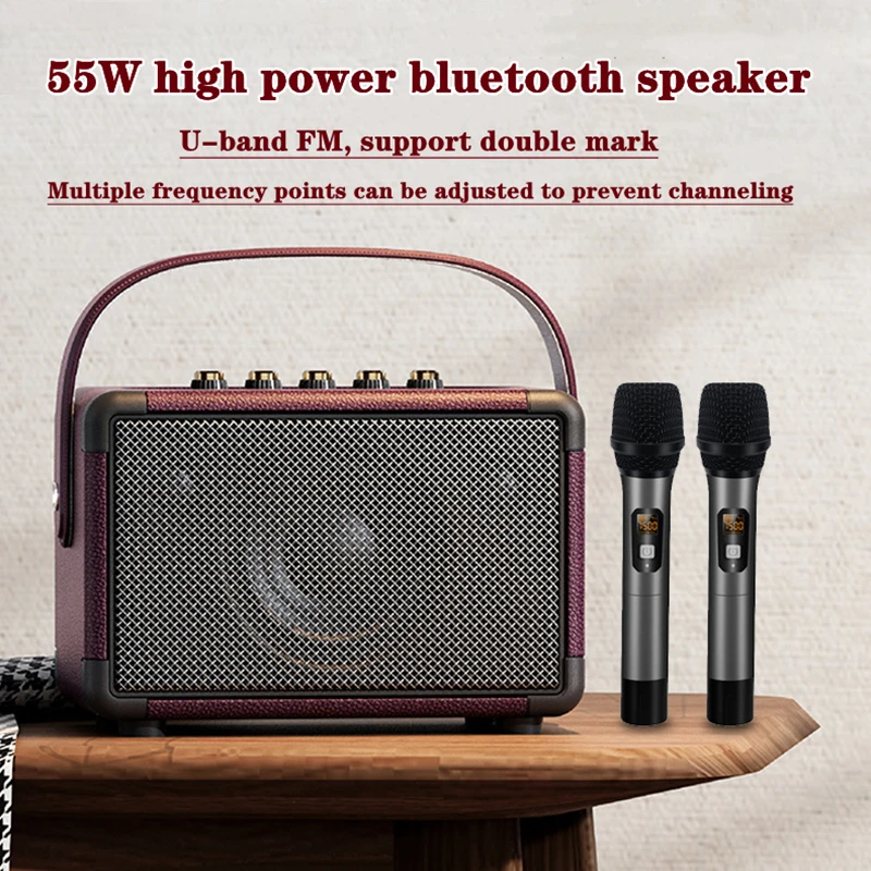 

55W high-power retro portable karaoke bluetooth speaker super bass high volume DSP audio with dual U-segment wireless microphone