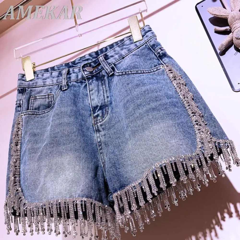 Women's Summer Fashion Short Jeans In Blue Crystal Rhinestones Tassel Straight High Waist Denim Shorts Lady Sexy Clubwear Shorts