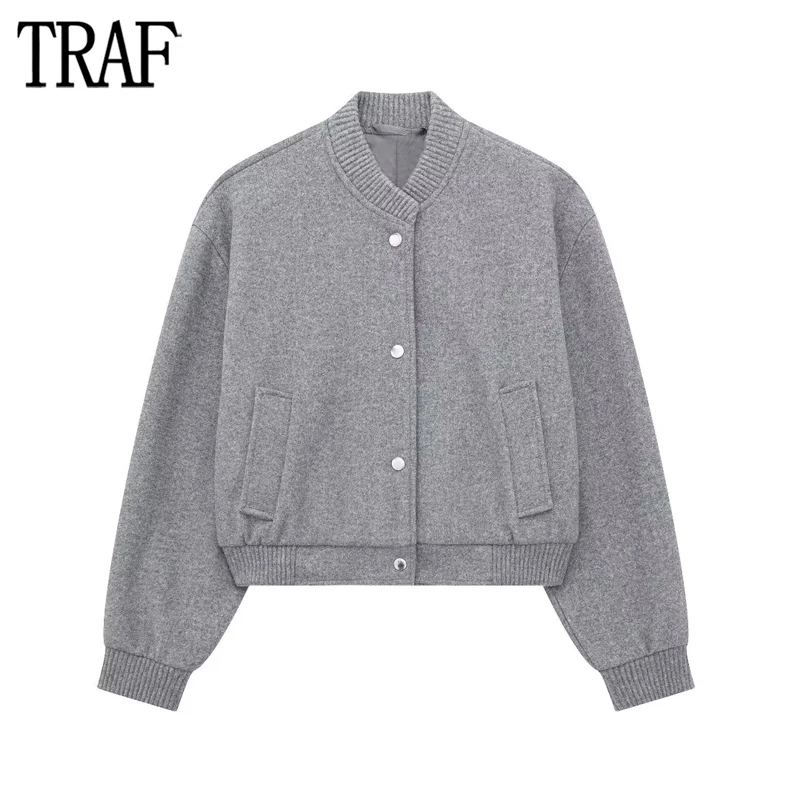 

TRAF 2023 Tweed Bomber Jacket Woman Soft Cropped Jackets for Women Long Sleeve Oversized Jacket Women Snap Button Fall Outerwear