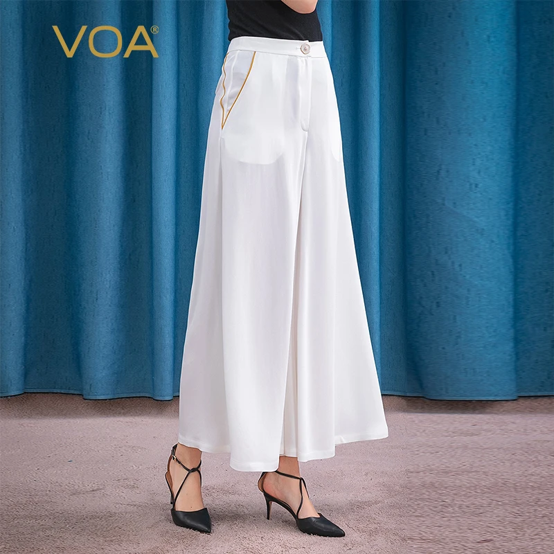 

VOA Silk Heavy 30m/m Waist Bump Gold Piping Beaded Buckle Crisp Summer and Autumn OL Skirt Wide Leg White Pants KE102