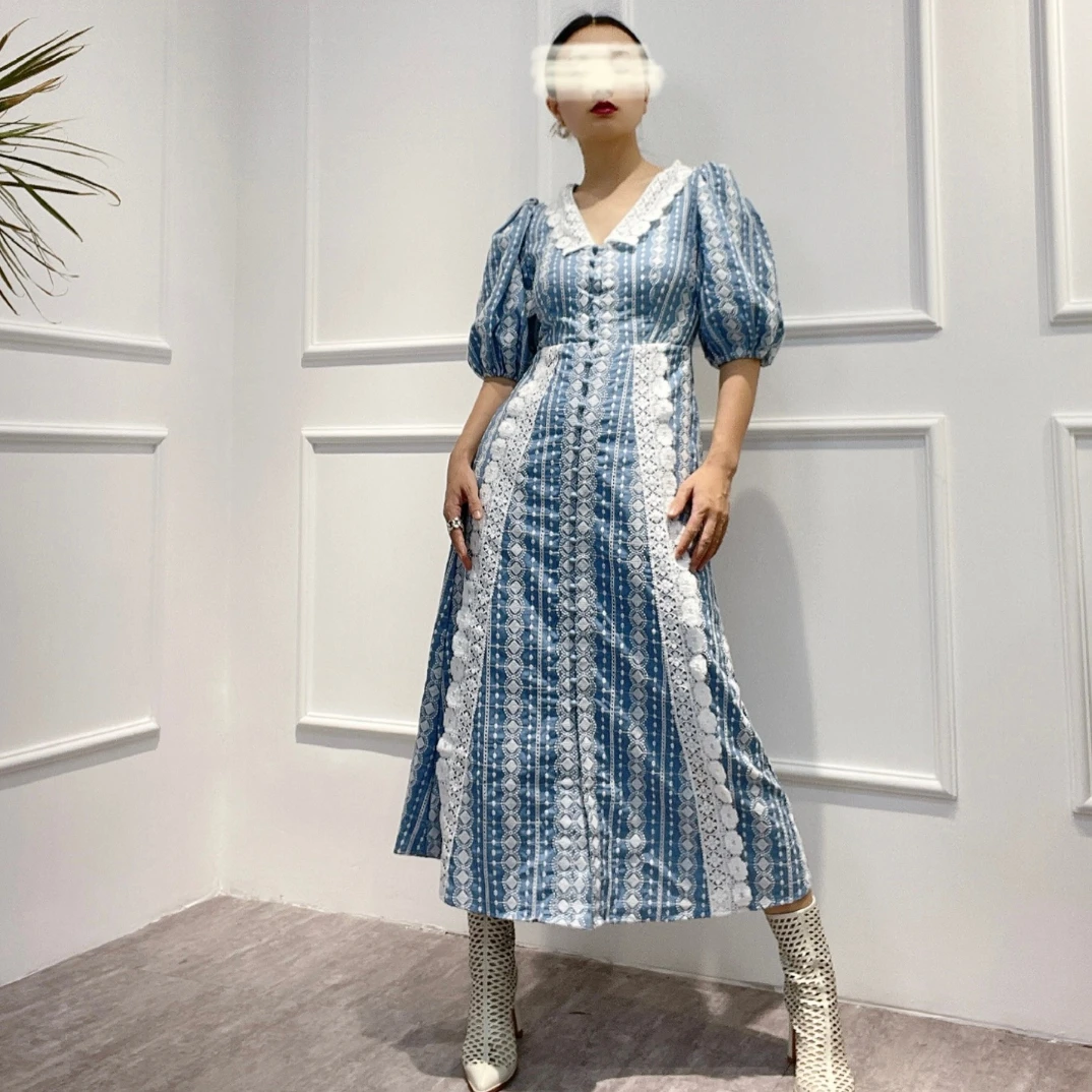 

2022 New French Style Lace V-neck Puff Sleeves Good Quality Embroidery High Waist Temperament Dress Women