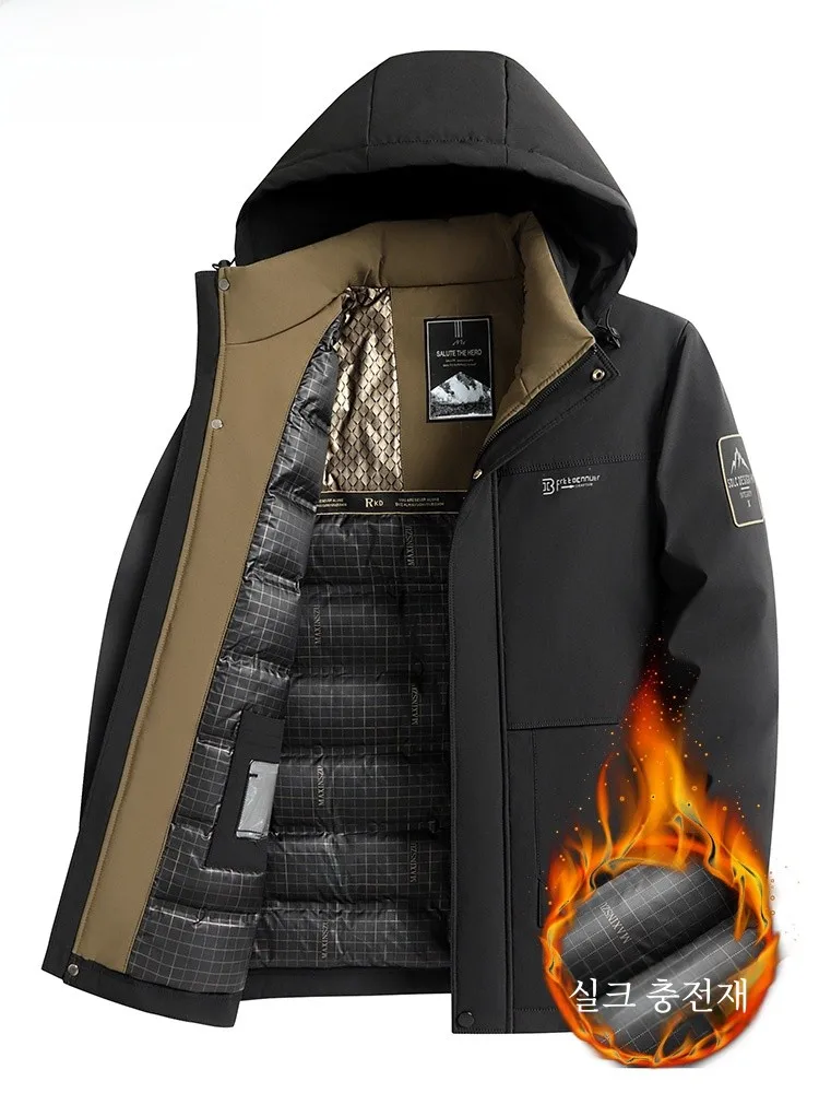 Woodpecker Winter Thickened Middle-Aged Men Daddy Clothes Hooded Mid-Length Outerwear Silk Filled Jacket