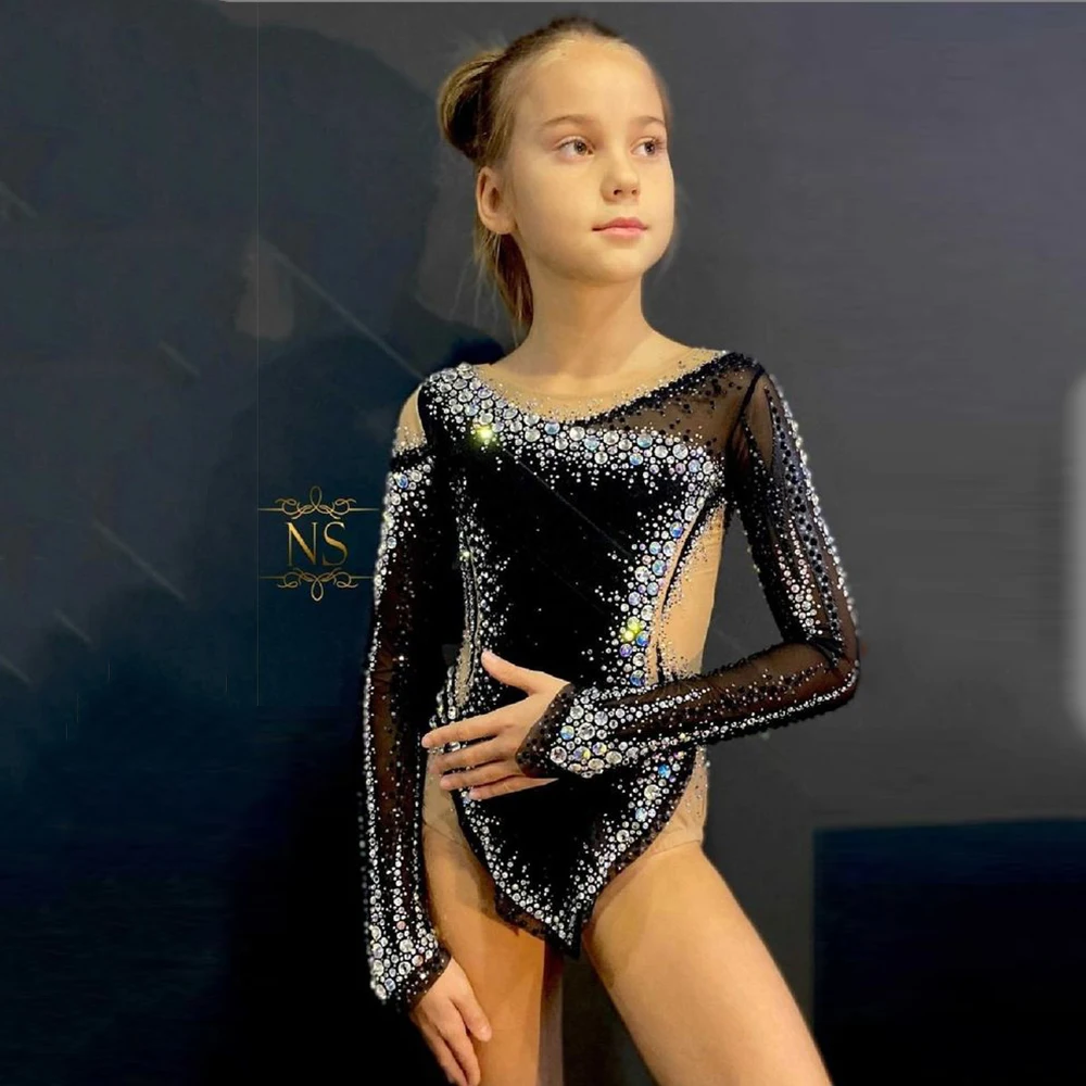

Rhythmic Gymnastics Leotards Black Long-sleeved Slim Luxury Flash Diamond Girls Competition Performance