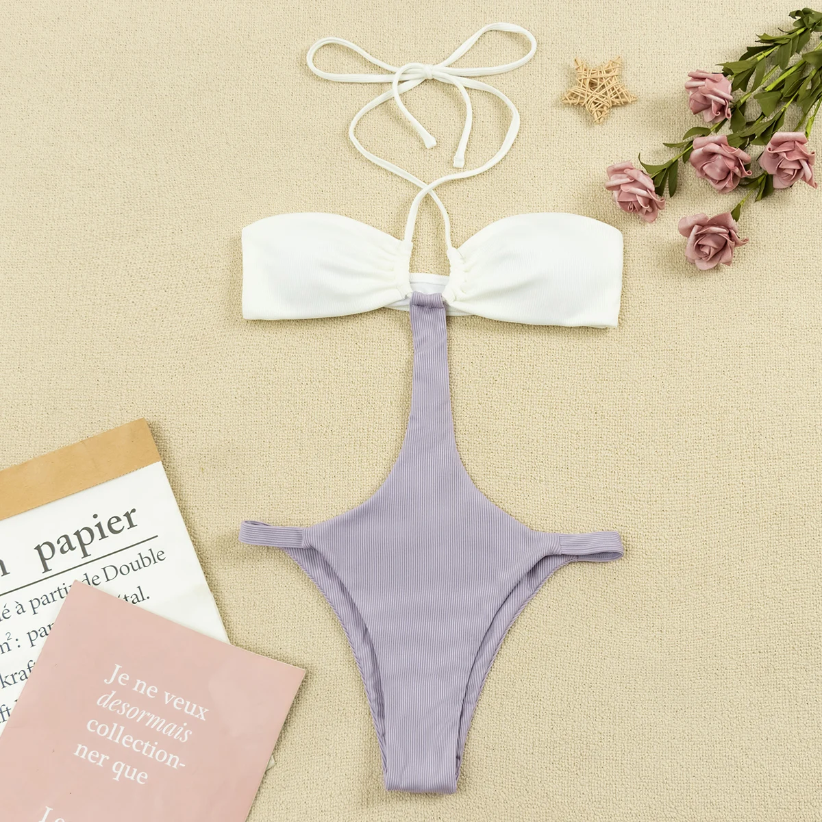 

One Piece Purple Bikini Swimwear Thong Underwear Tankini Women Swimming Seamless Suits Swimwear Patchwork
