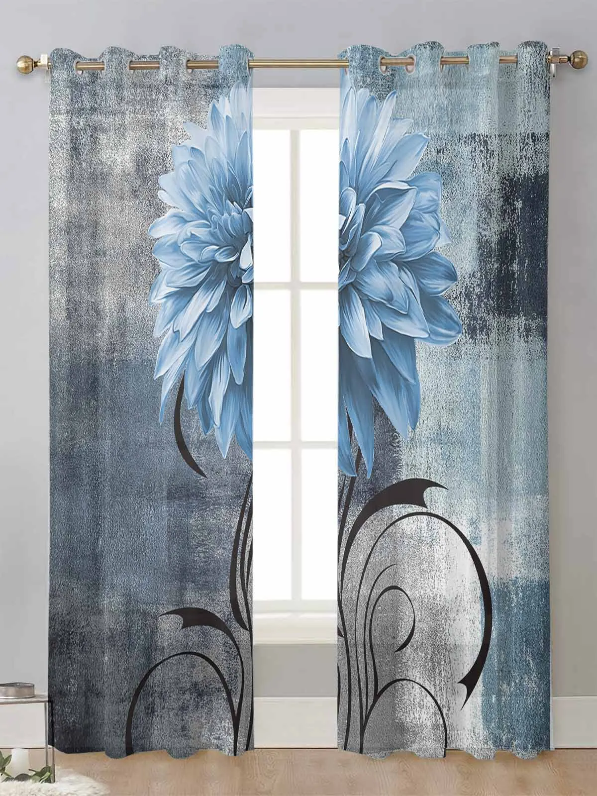 

Dahlia Oil Painting Abstract Texture Plant Flower Blue Sheer Curtains Living Room Window Voile Tulle Curtain Drapes Home Decor