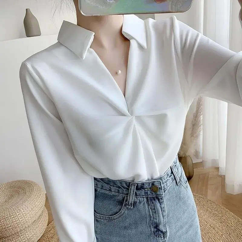 2023 spring new Korean fashion V-neck long-sleeved chiffon shirt woman blouses