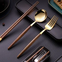 wooden handle stainless steel head traditional chinese chopsticks spoon household western tableware set cutlery fork