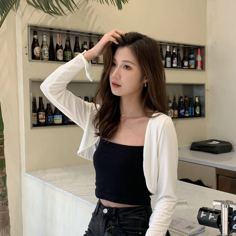 

Summer Solid Color Coat Soft Long Sleeves Cropped Jackets Cardians Shrug Open Front Sun-Protection Clothing