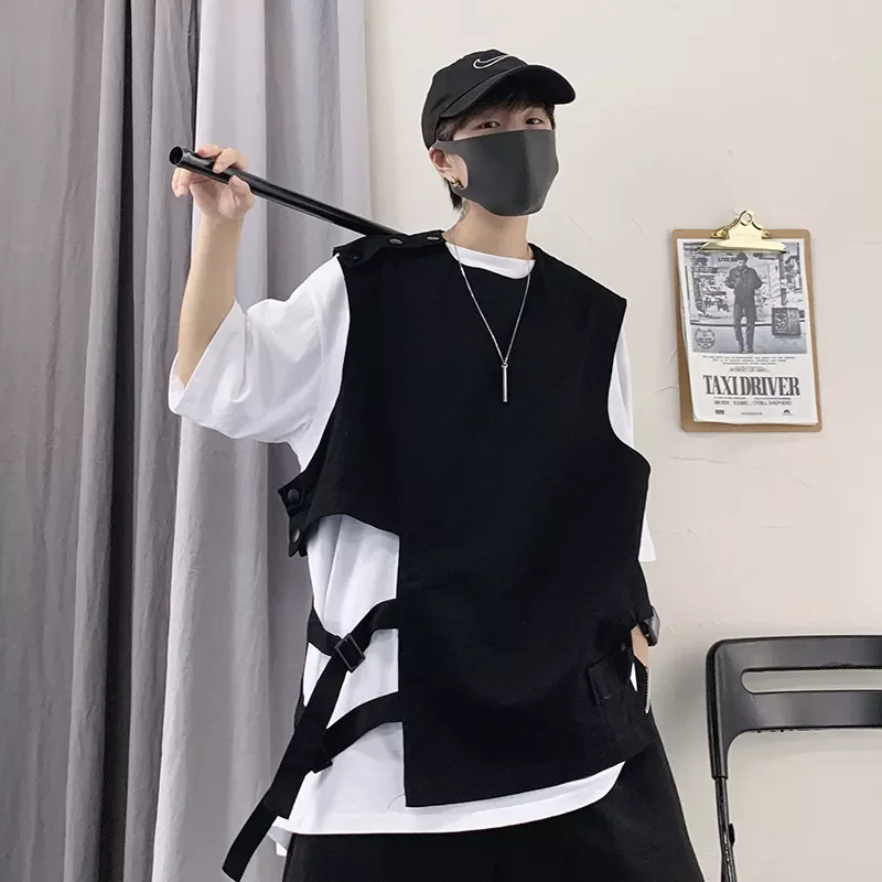 

2023NEW Summer Men irregular side ribbons drawstring vest vintage punk hip hop sleeveless jacket man Korean style waistcoat